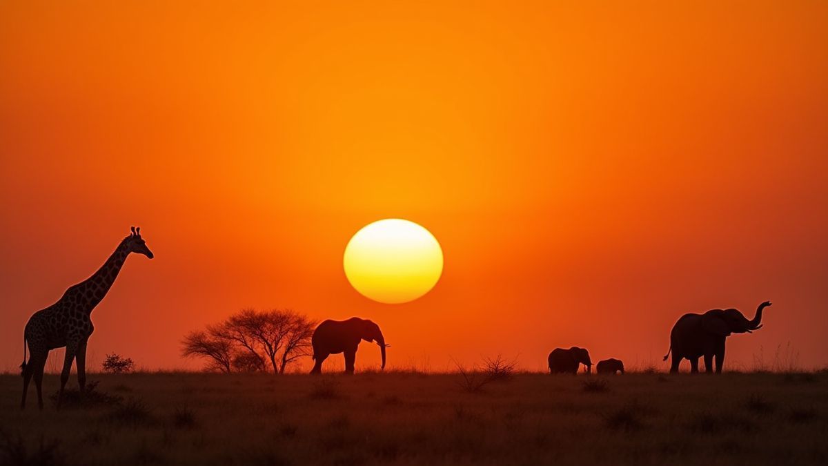 Sabana africana con una puesta de sol y animales como jirafas y elefantes.