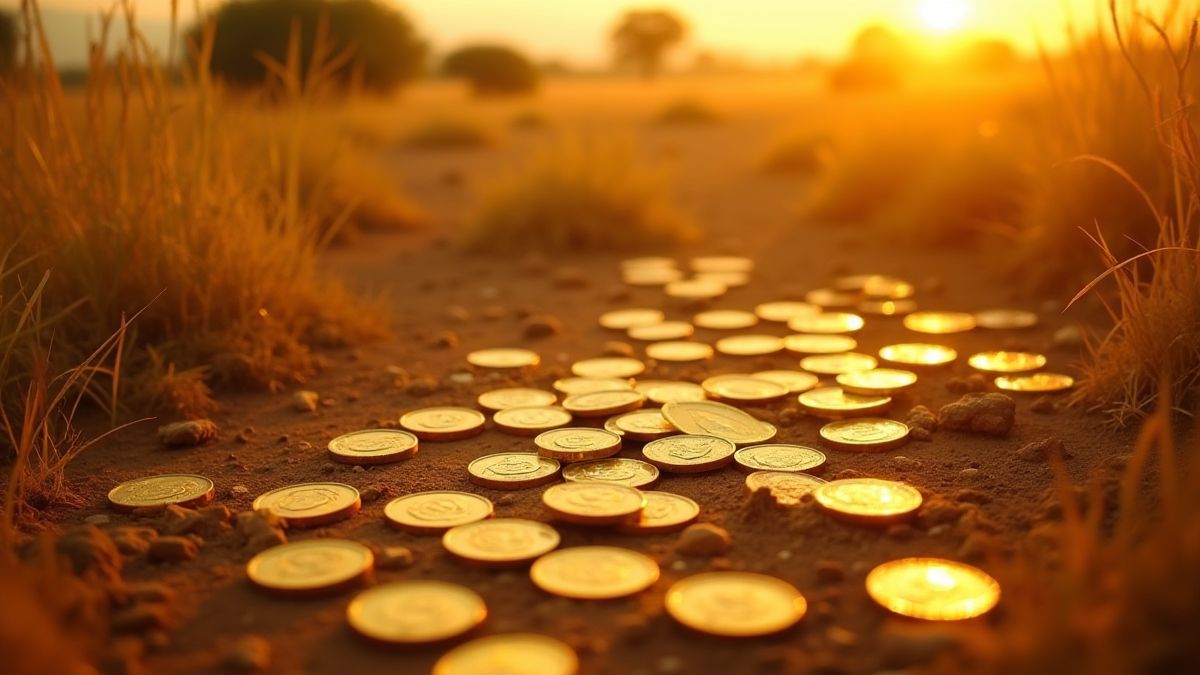 Monedas doradas dispersas en la sabana africana.