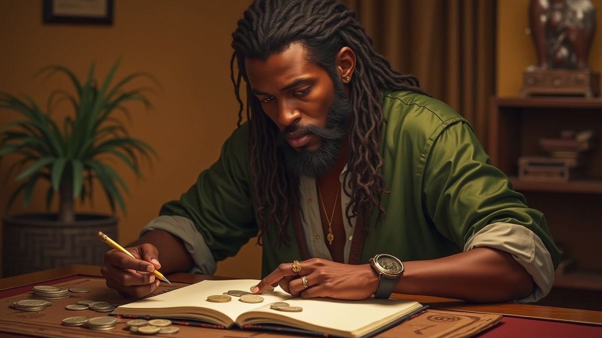 Jugador planeando estrategias con monedas y una libreta en una habitación temática africana.