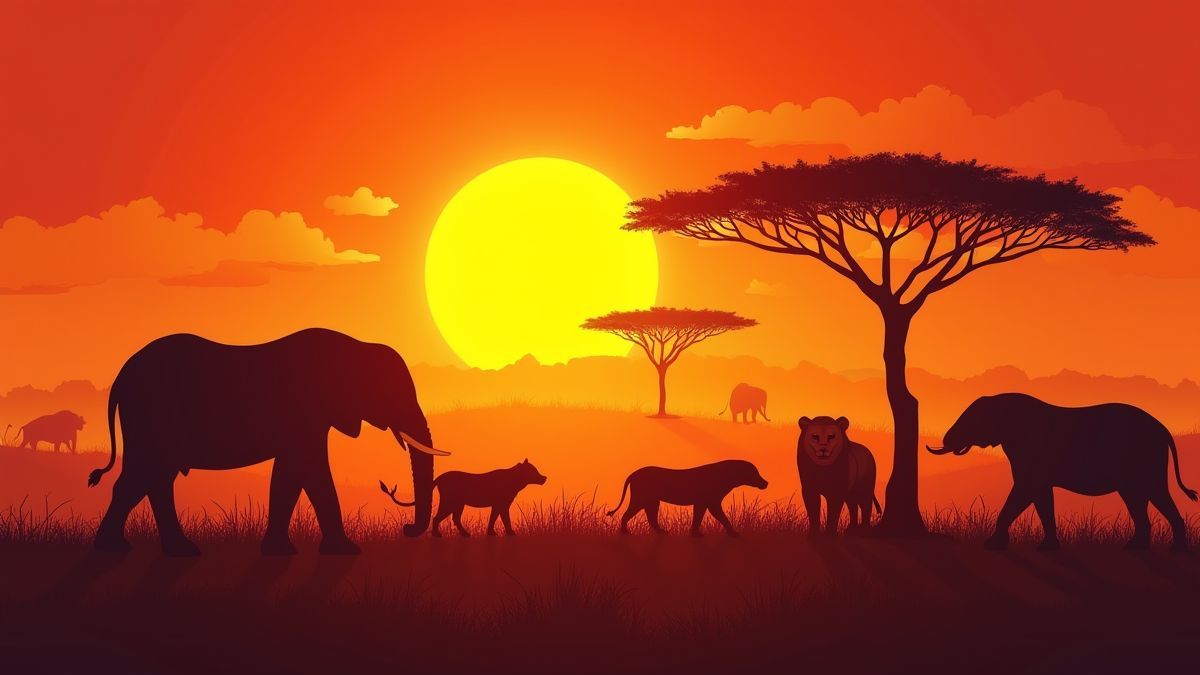 Eine lebendige afrikanische Landschaft mit Tieren wie Löwen und Elefanten unter einem leuchtenden Sonnenuntergang.