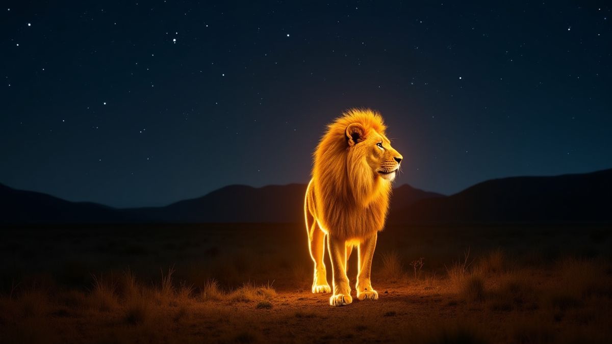 Ein goldener Löwe, der unter dem Nachthimmel der afrikanischen Savanne leuchtet.