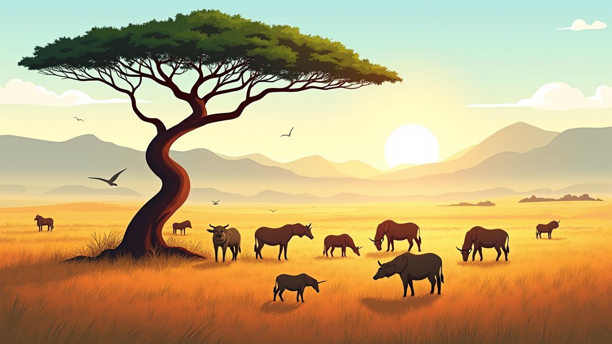 Ilustración de la sabana africana con animales pastando y un árbol de acacia.