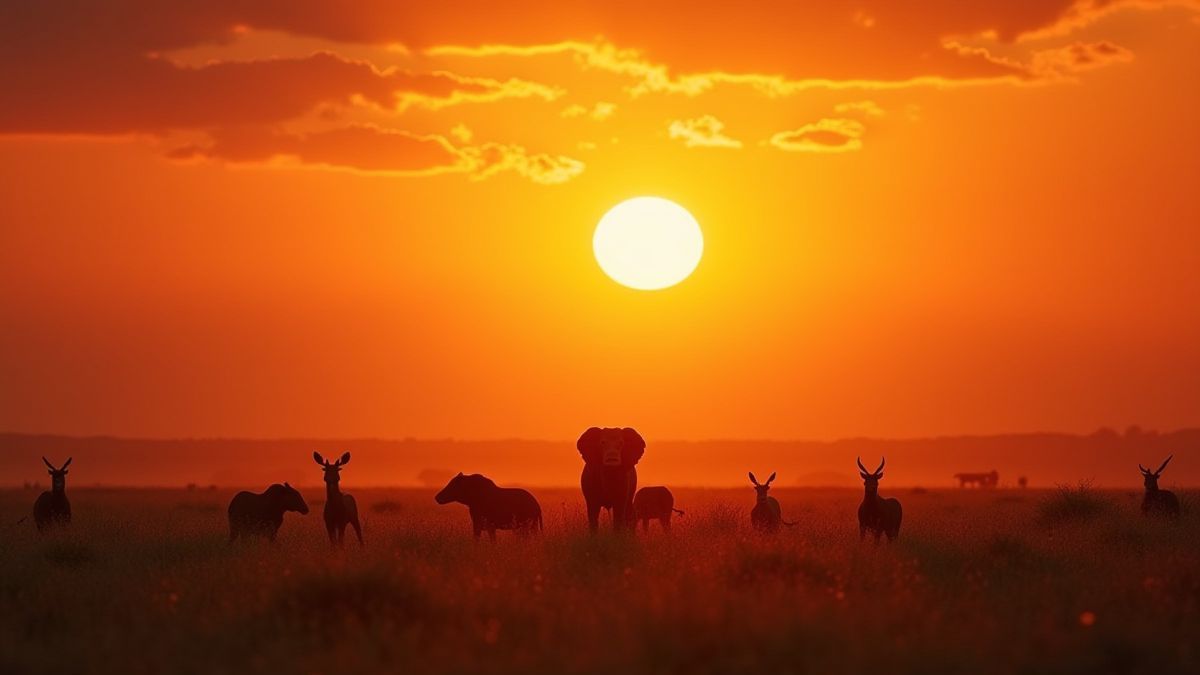 Sunset in the African savannah with wild animals.