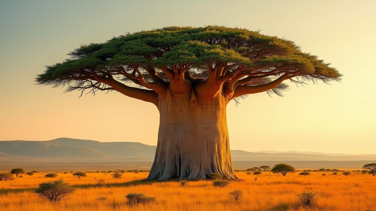 Baobab tree in the African savannah with vibrant colors.