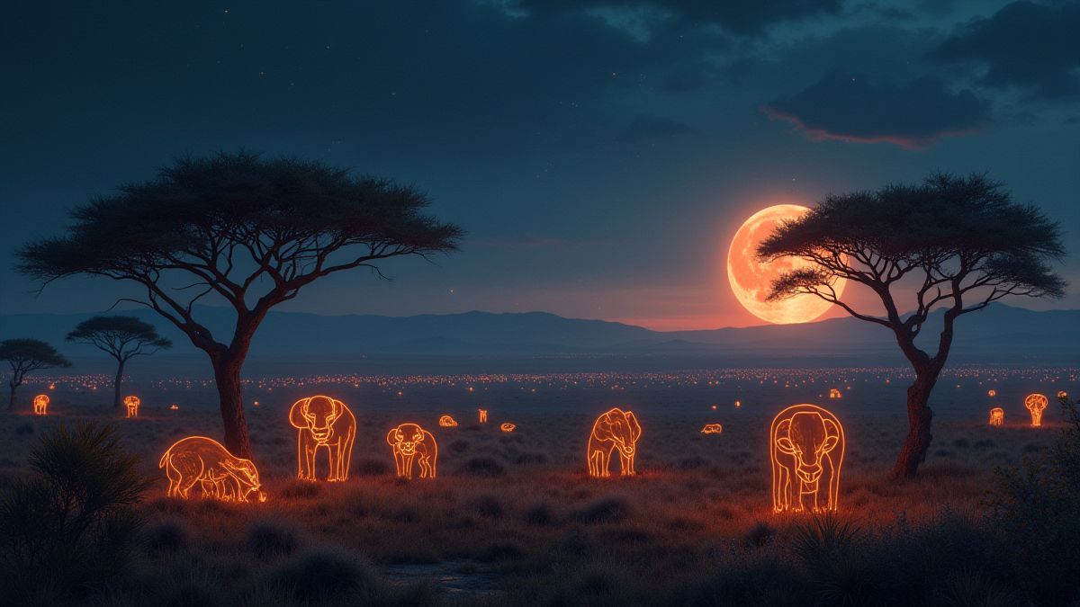 Paysage africain mystique avec des animaux brillants et des symboles magiques