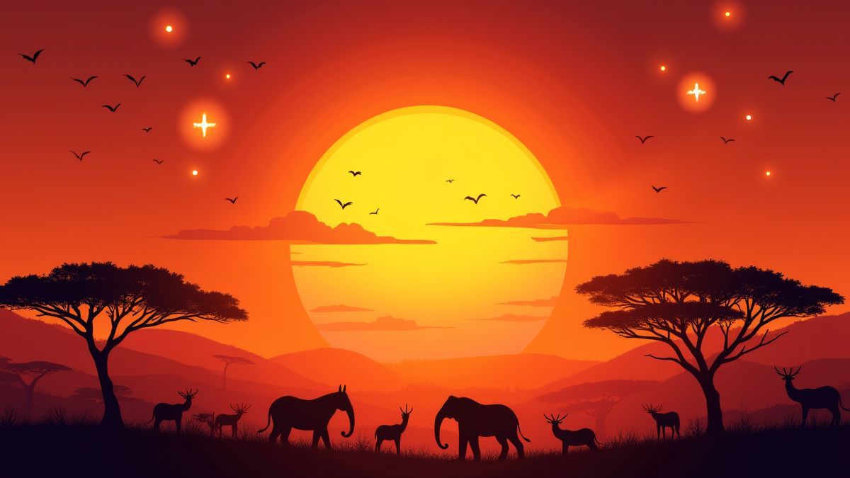 Coucher de soleil africain avec silhouettes d'animaux et symboles magiques