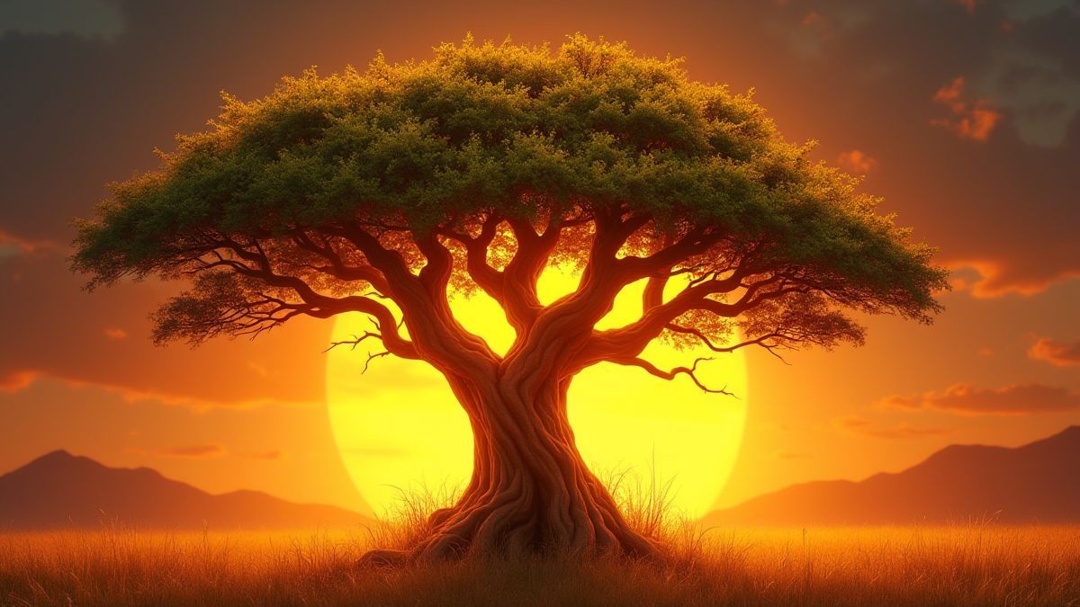 Árbol africano iluminado por luz dorada.