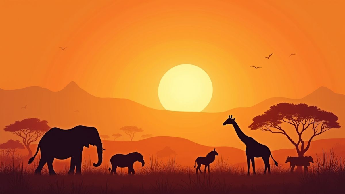 Sabana africana con elefantes y jirafas al atardecer.