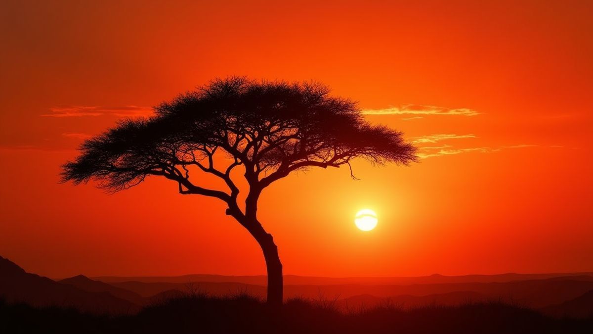 Un arbre africain au coucher du soleil avec des ciels oranges vibrants.