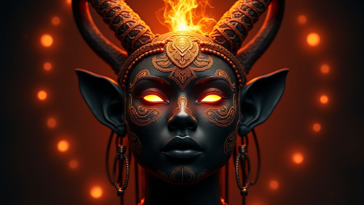 Afrikanische Stammesmaske mit leuchtenden magischen Symbolen.