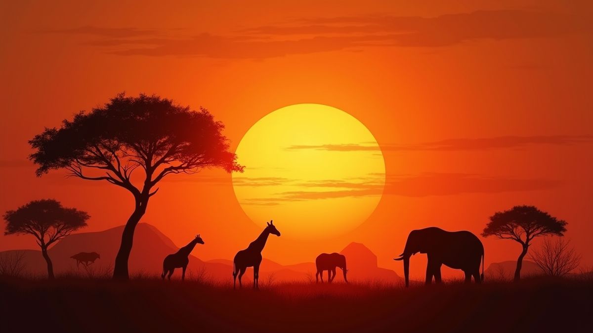 Afrikanische Savanne bei Sonnenuntergang mit Tieren und Akazienbäumen.