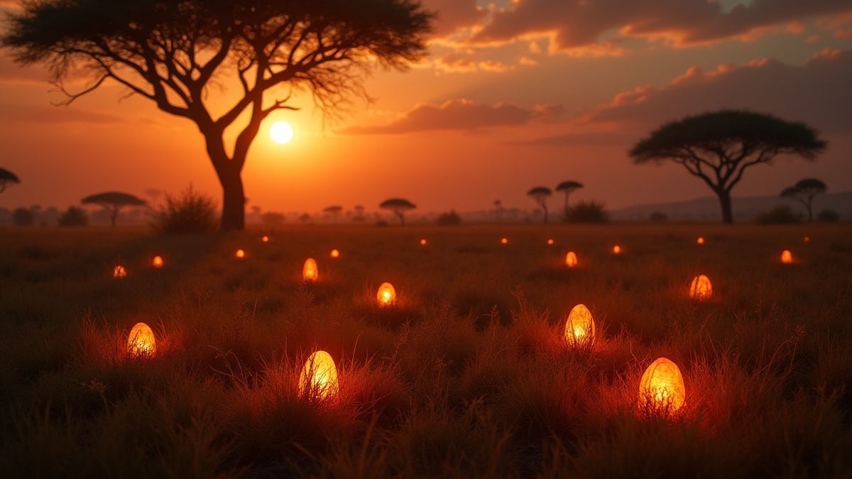 Un paisaje de sabana africana con amuletos mágicos brillando.