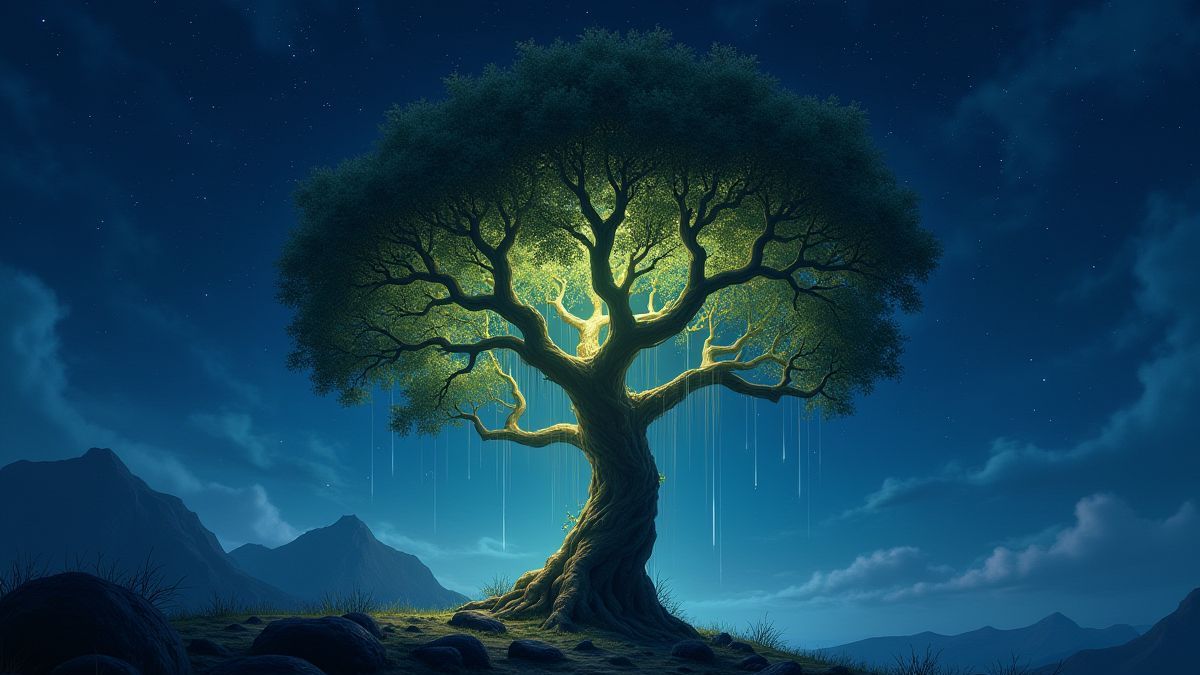 Un árbol antiguo emanando energía mágica bajo el cielo estrellado.