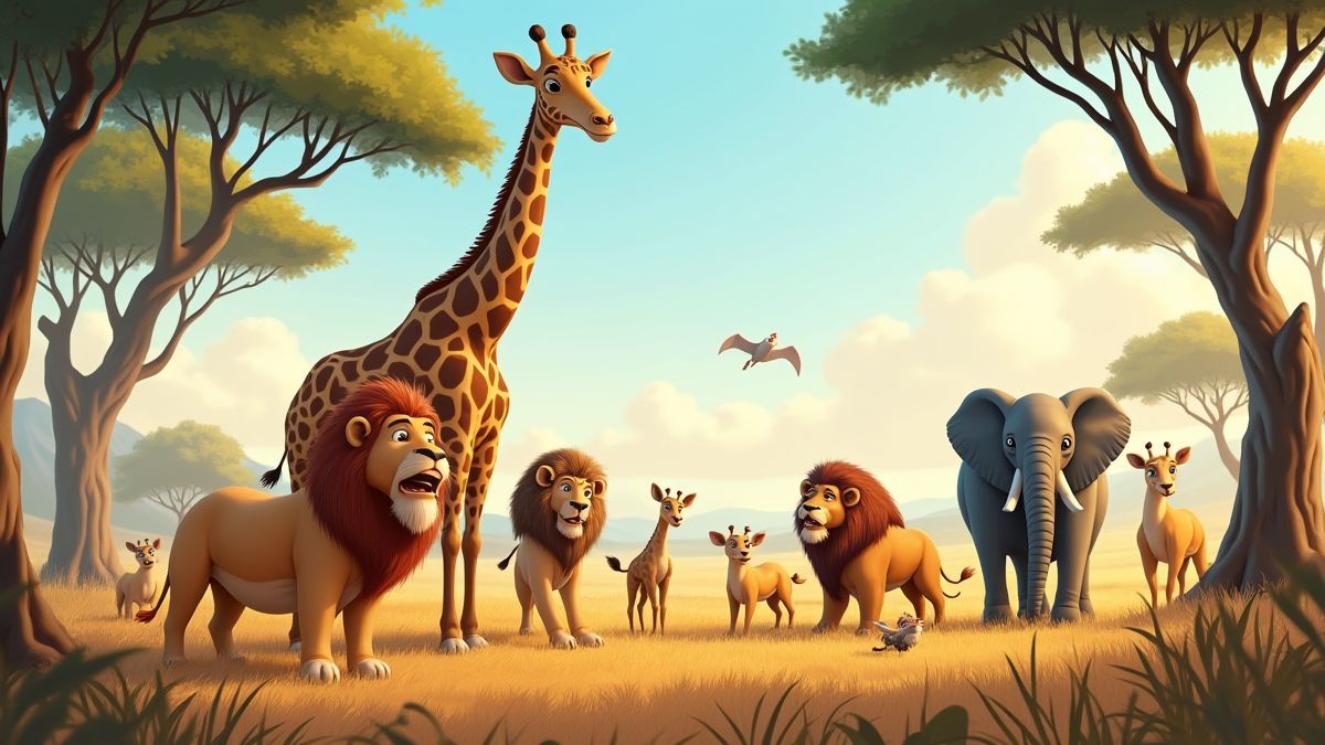 Animais africanos em seu habitat natural, incluindo leões e girafas.