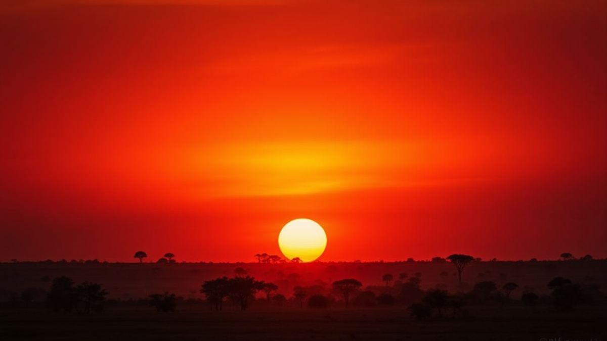 Um pôr do sol africano com o sol iluminando a savana.
