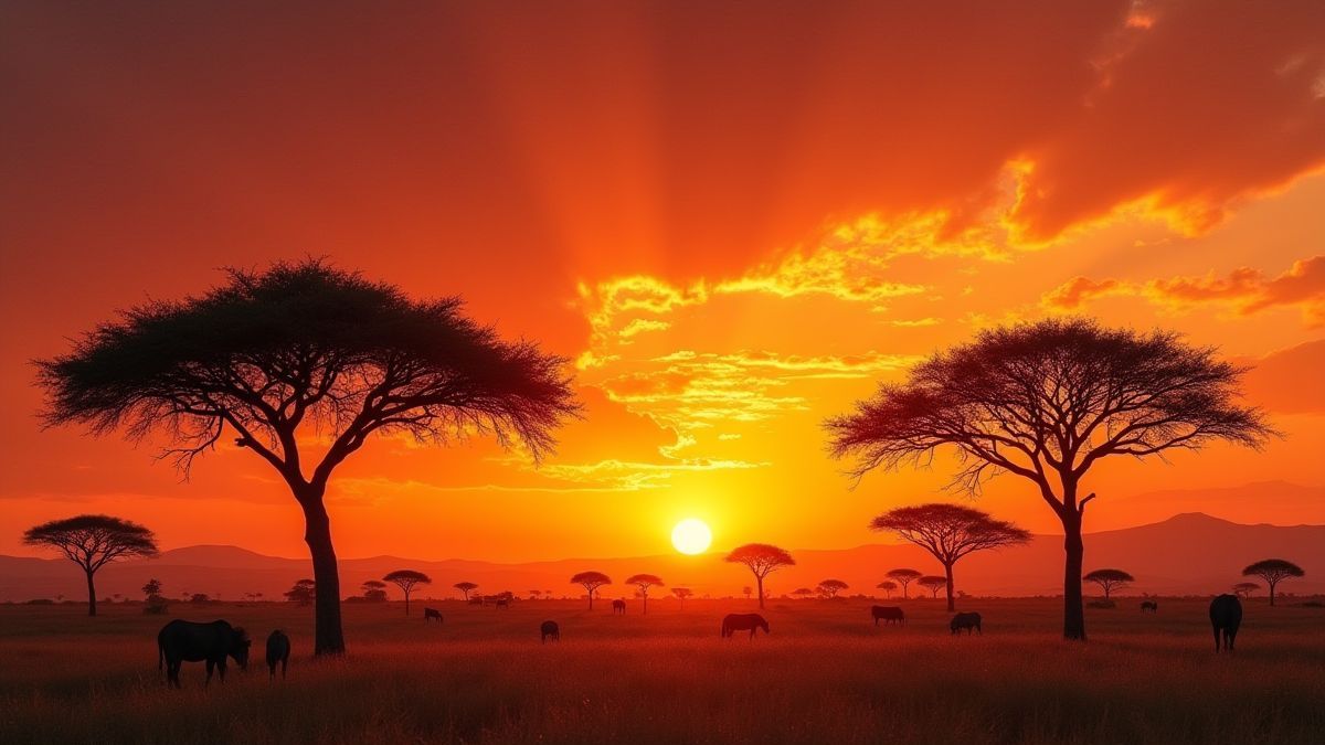 Uitzicht op de Afrikaanse savanne met dieren die grazen onder acaciabomen.