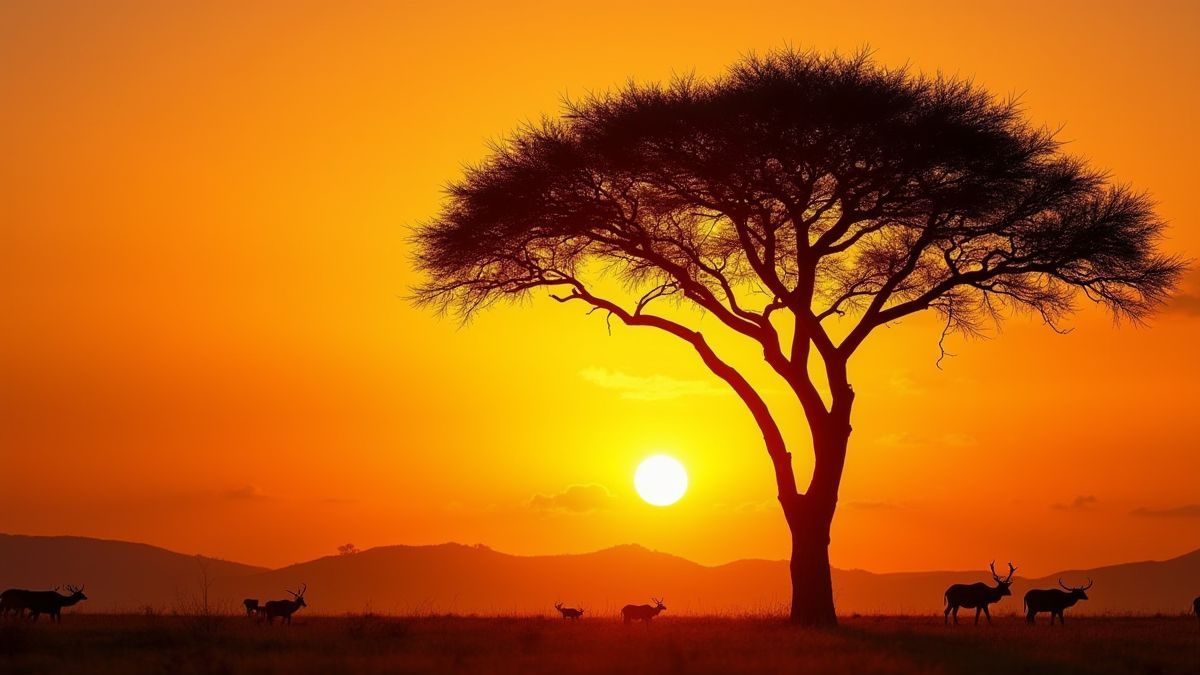 Acaciaboom onder een gouden zonsondergang in de Afrikaanse savanne.