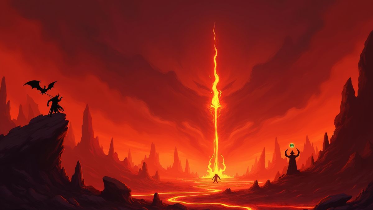 Paisaje infernal con figuras demoníacas y símbolos místicos.