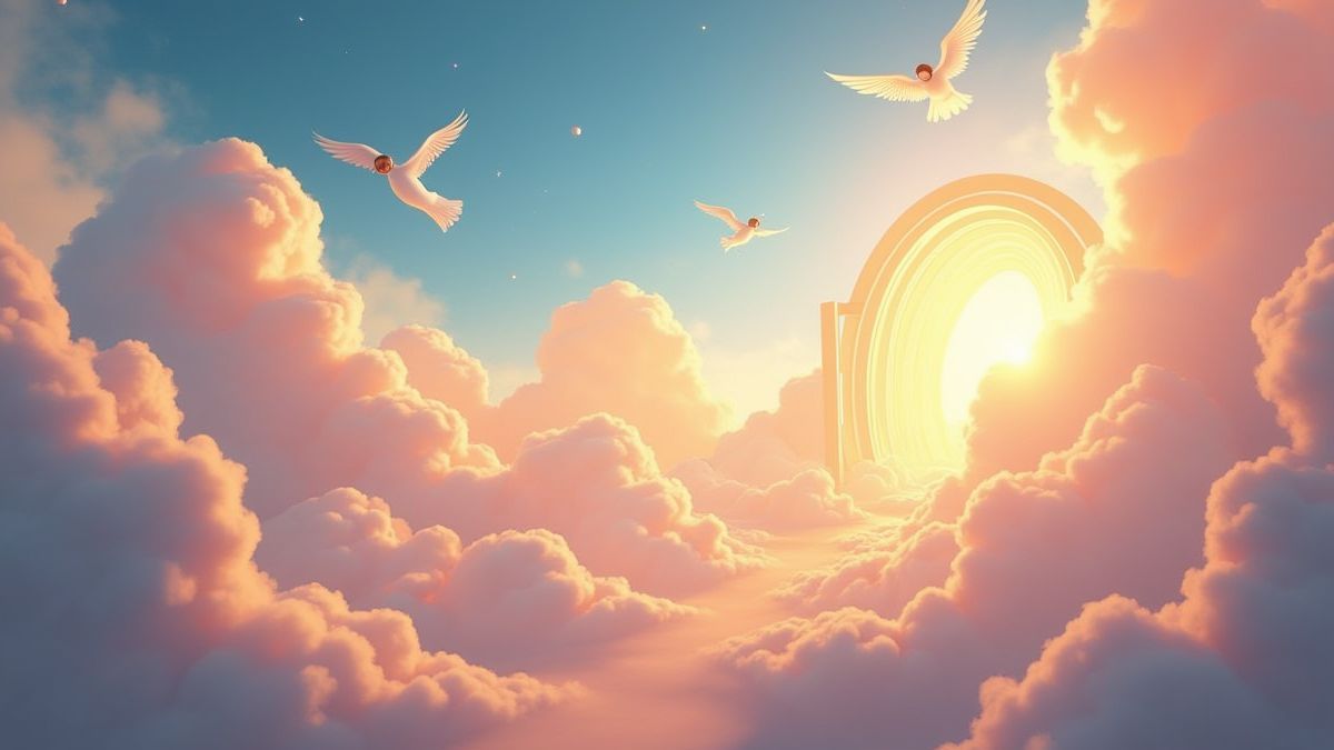 Paisaje celestial con nubes brillantes y puertas doradas.