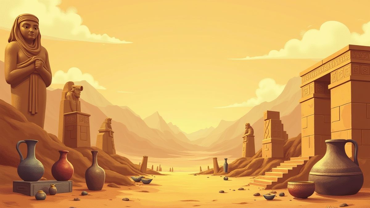 Mesopotamische artefacten omringd door gouden zand.