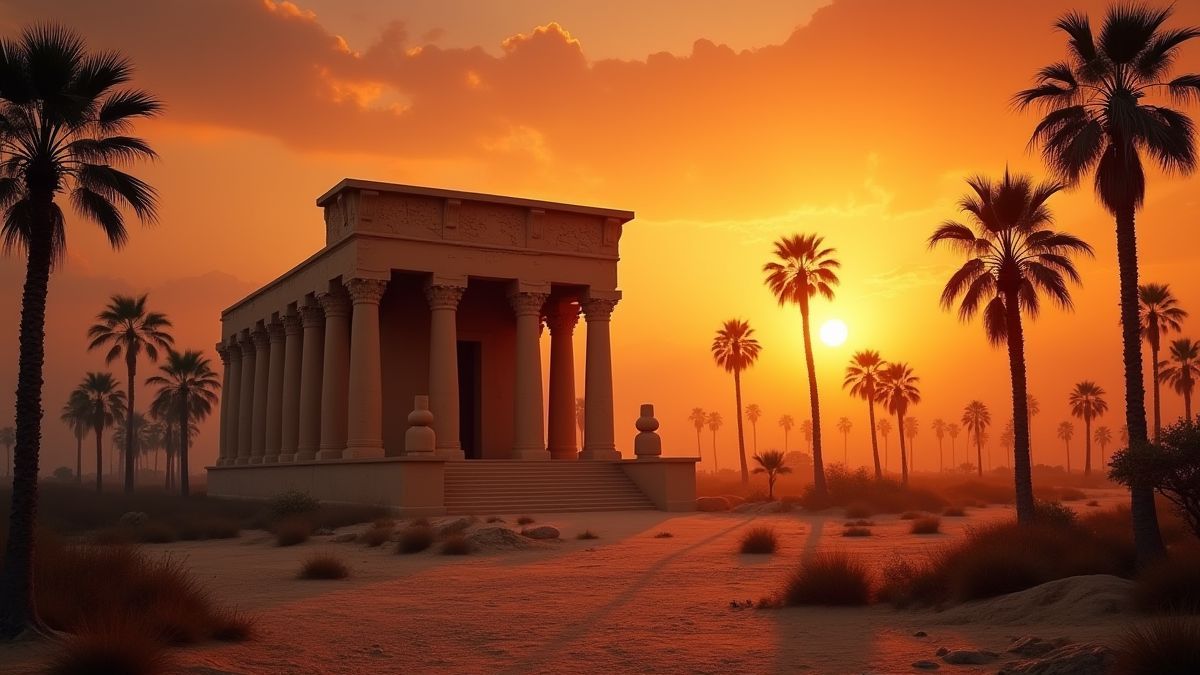 Een Mesopotamische tempel verlicht door de zonsondergang.