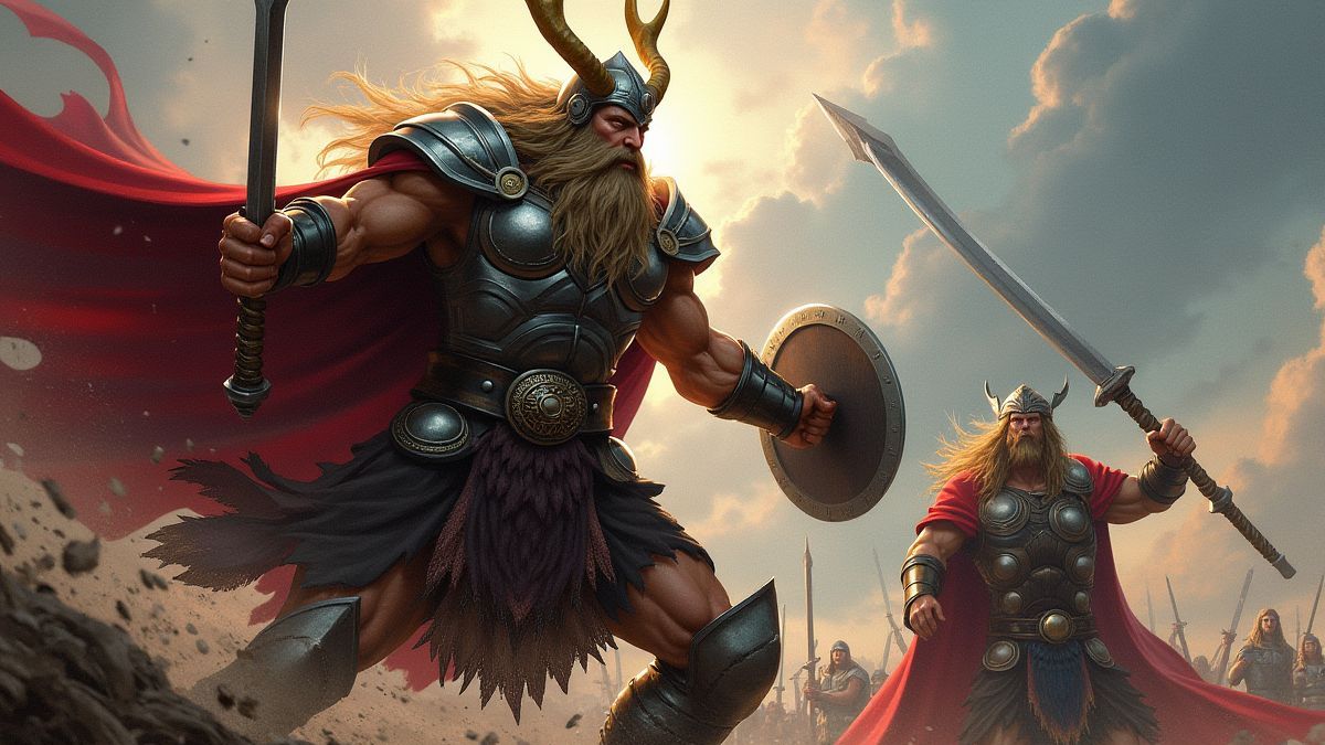 Animated representation of a Norse god in battle.