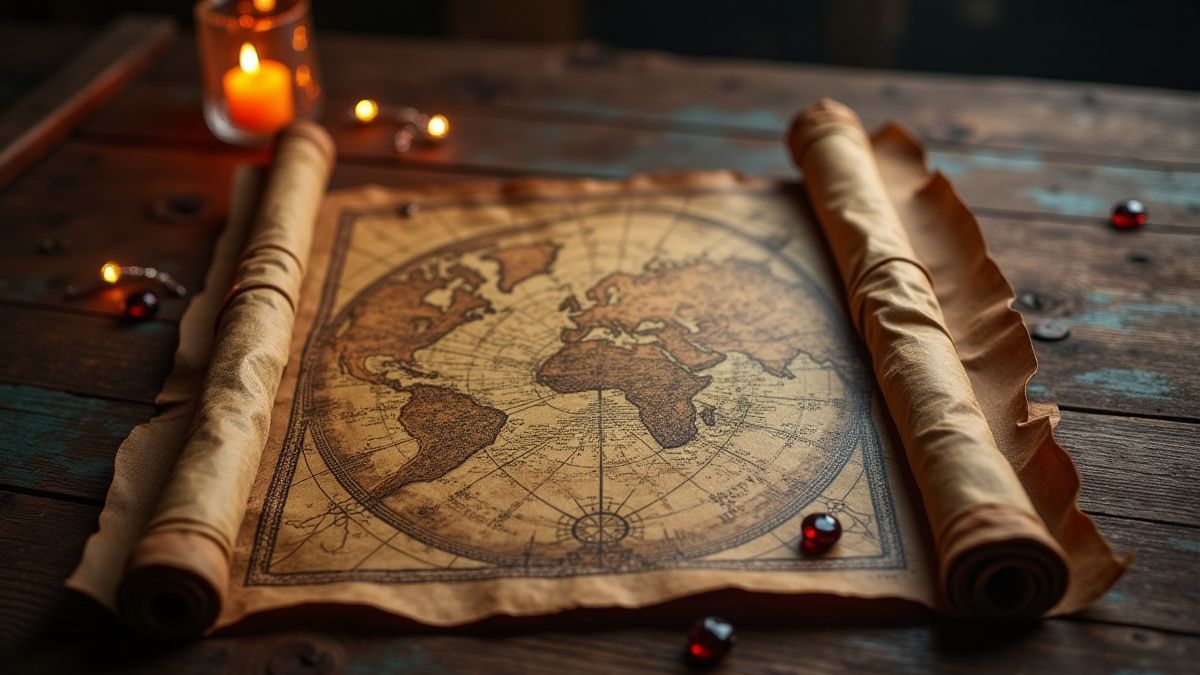 Un mapa medieval antiguo con joyas brillantes sobre una mesa de madera.