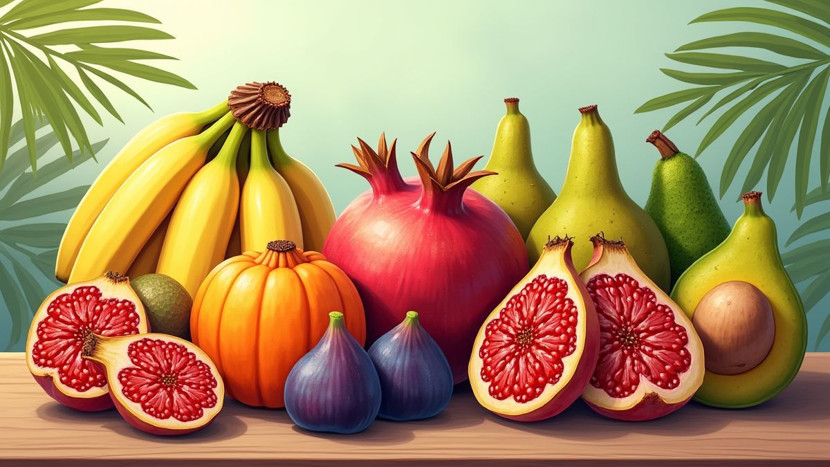 Frutas exóticas dispuestas en una mesa de madera.