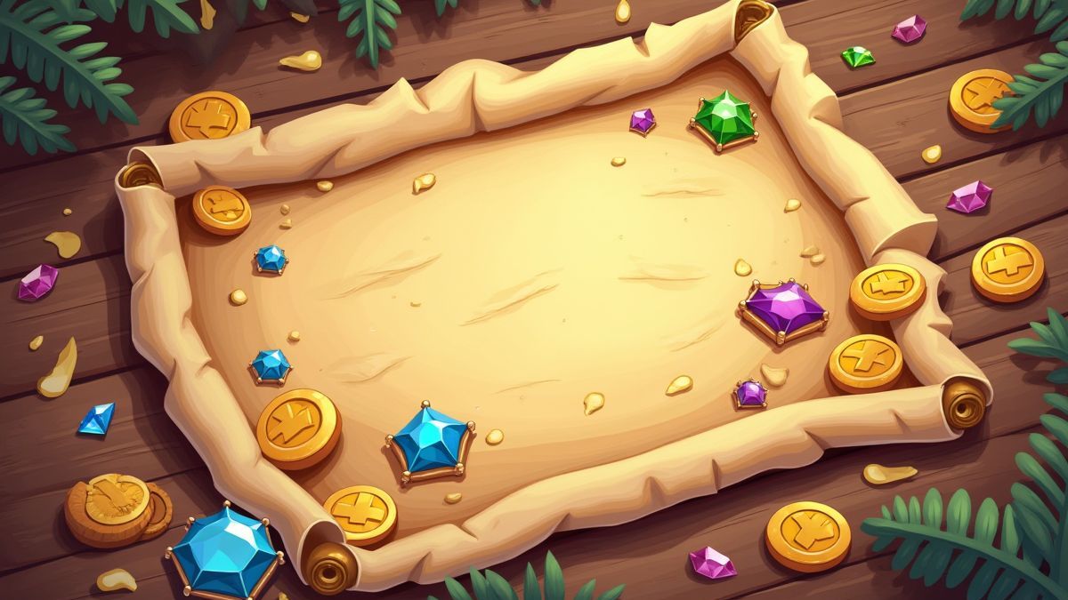 Mapa del tesoro con monedas y joyas esparcidas alrededor.