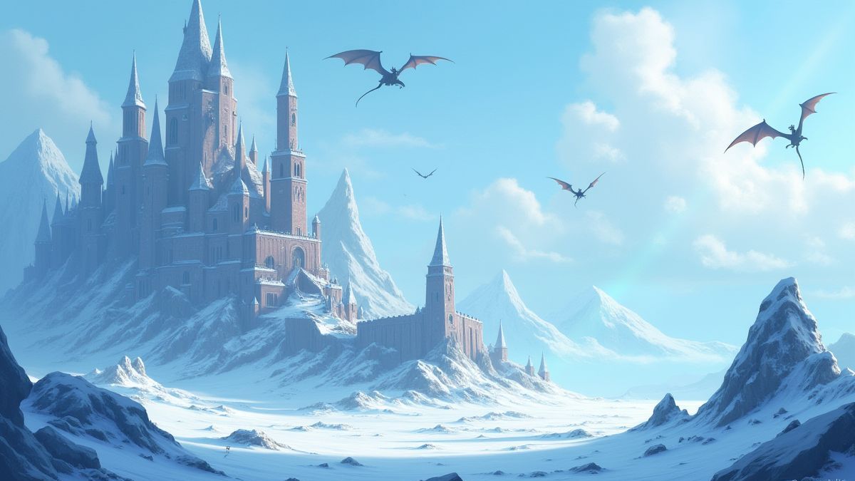 Ein gefrorenes mittelalterliches Königreich mit fliegenden Drachen.