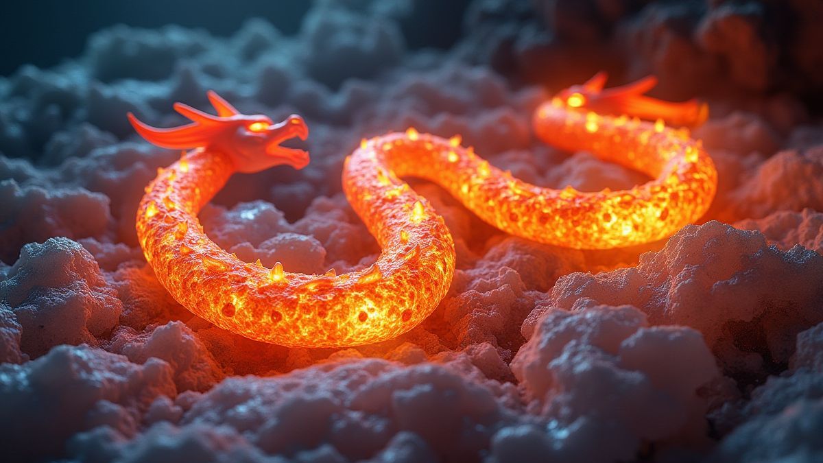 Leuchtende Drachensymbole umgeben von Eis und Feuer.