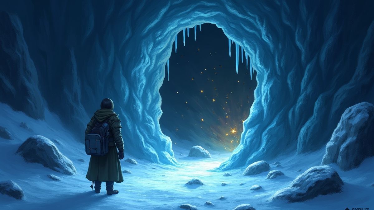 Ein Spieler vor einem gefrorenen Drachenhöhleneingang mit funkelndem Schatz sichtbar.