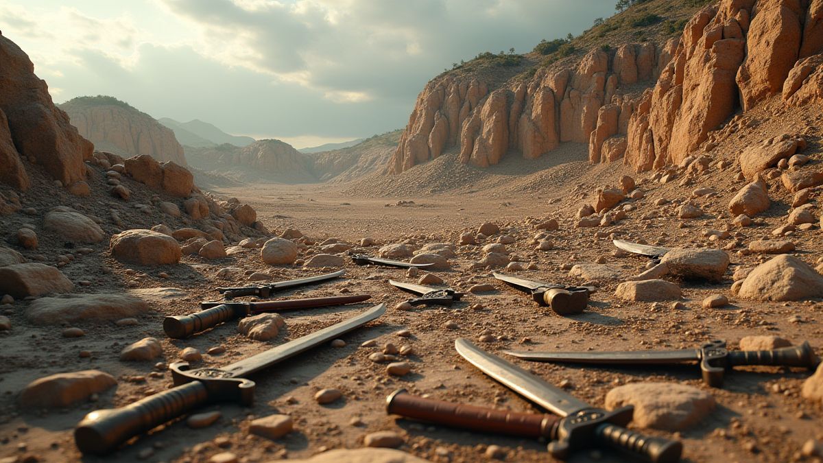 Un paisaje rocoso con armas espartanas antiguas dispersas.
