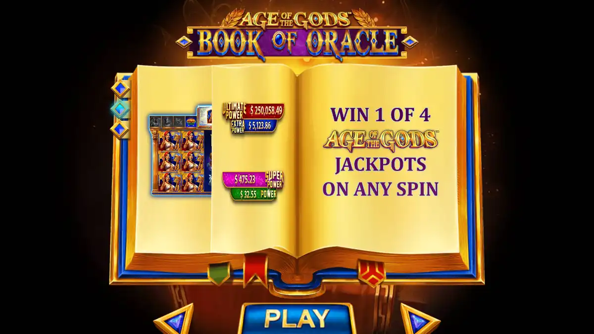 Age Of the Gods: Book Of Oracle Einführungsbildschirm mit den vier Age-of-the-Gods-Jackpots