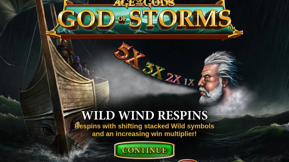 Écran d'introduction d'Age of the Gods : God of Storms montrant les respins Wild Wind et le multiplicateur croissant