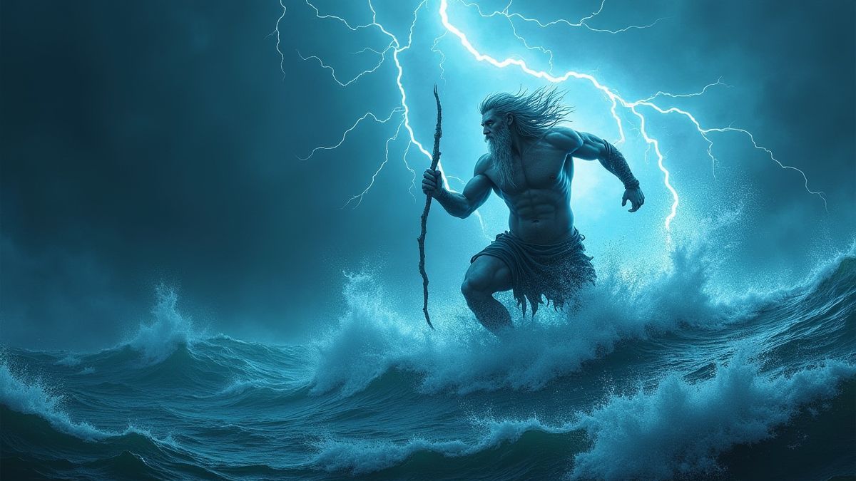 Poseidon throwing lightning over the ocean
