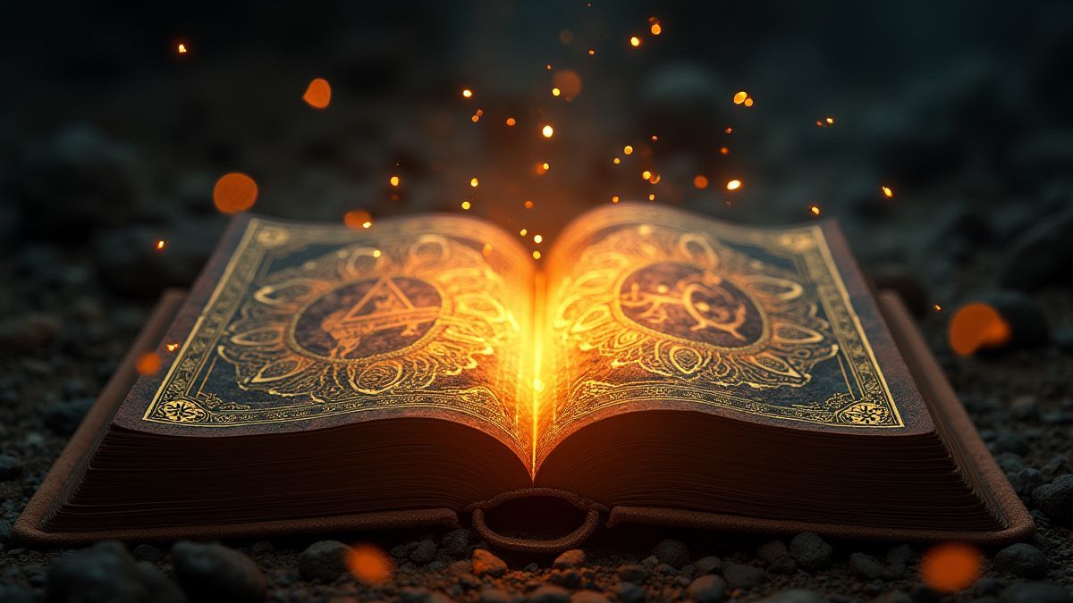 Um livro místico rodeado de runas antigas.