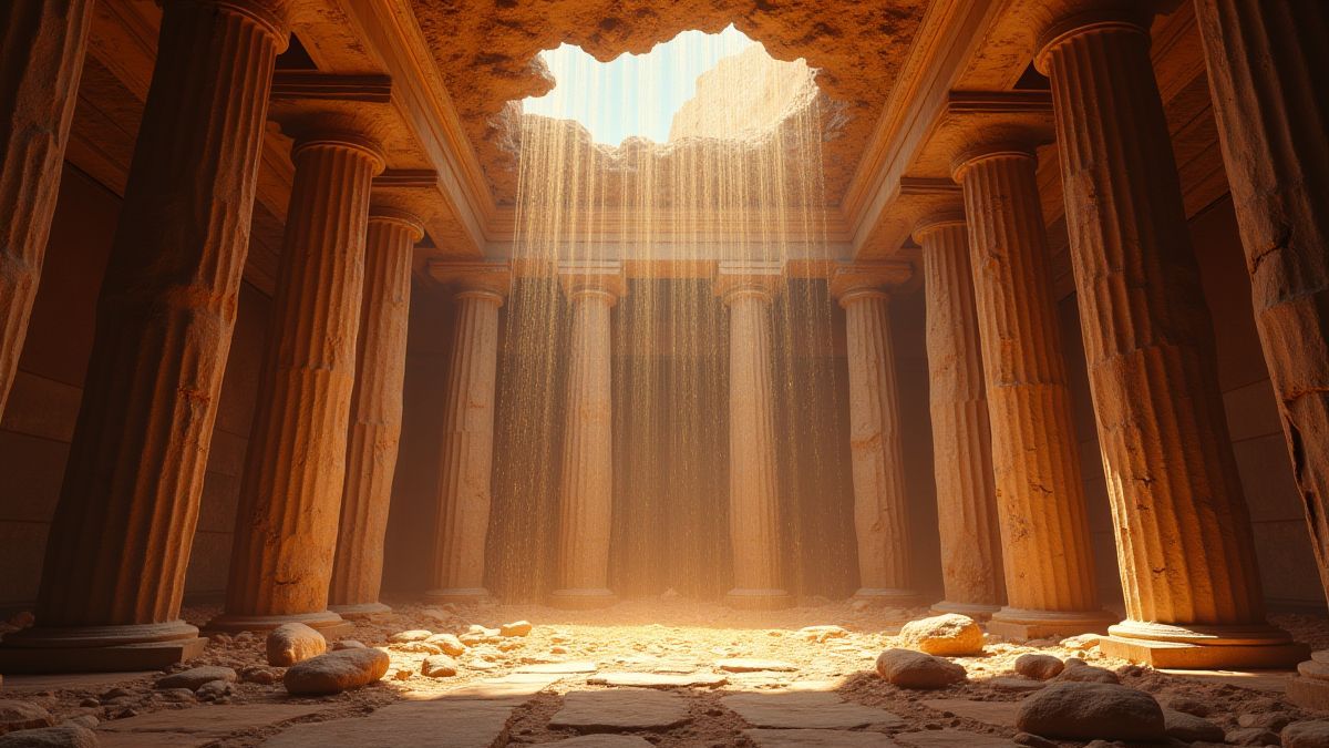 Ancient Greek temple with glowing threads of destiny.