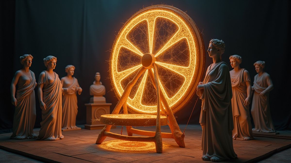 Glowing thread wheel surrounded by Greek statues.