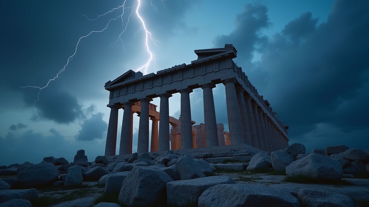 Temple grec sous une tempête avec des éclairs.