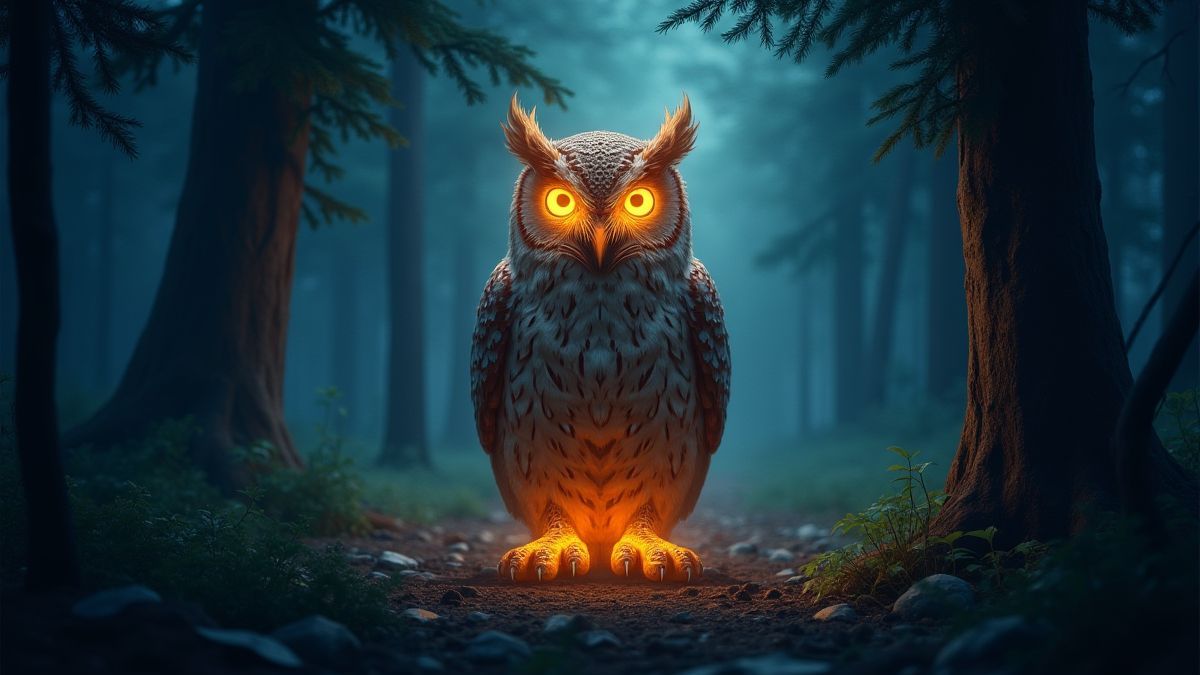 Griechisches Eulen-Symbol in einem magischen Wald.