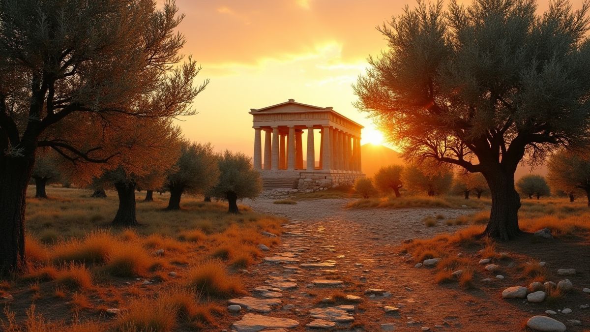Griechischer Tempel umgeben von Olivenbäumen zur Sonnenuntergang.