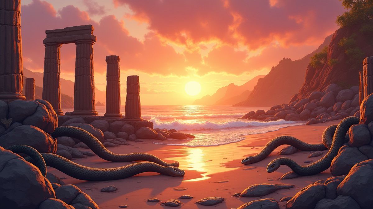 Eine felsige Strandlandschaft bei Sonnenuntergang mit Säulen, die mit Schlangen dekoriert sind.