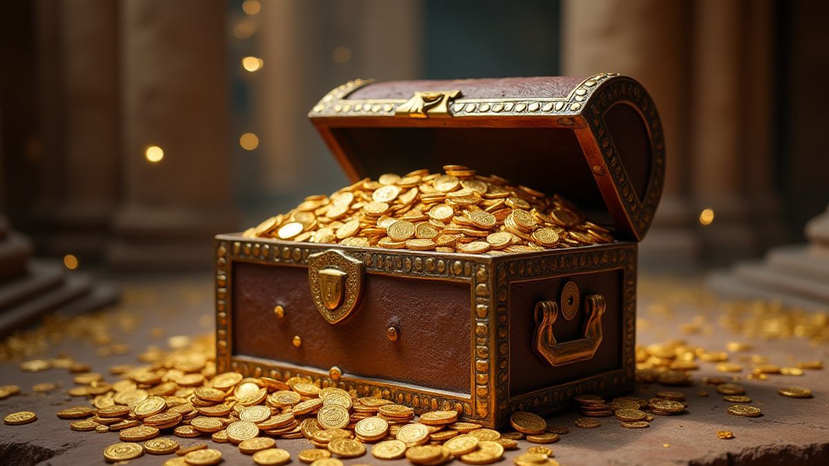 Eine Schatztruhe, die mit Goldmünzen und Juwelen in einem antiken Tempel überquillt.