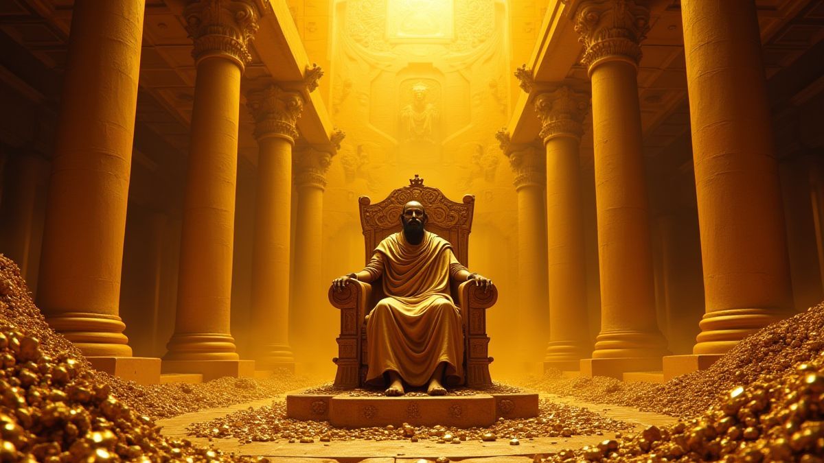 Palácio dourado com Midas em seu trono rodeado de tesouros.