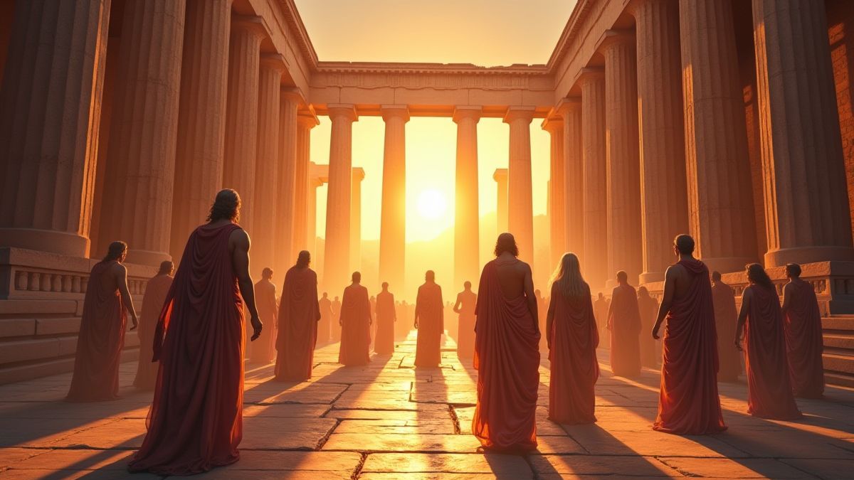 Dioses olímpicos en un templo griego iluminado.