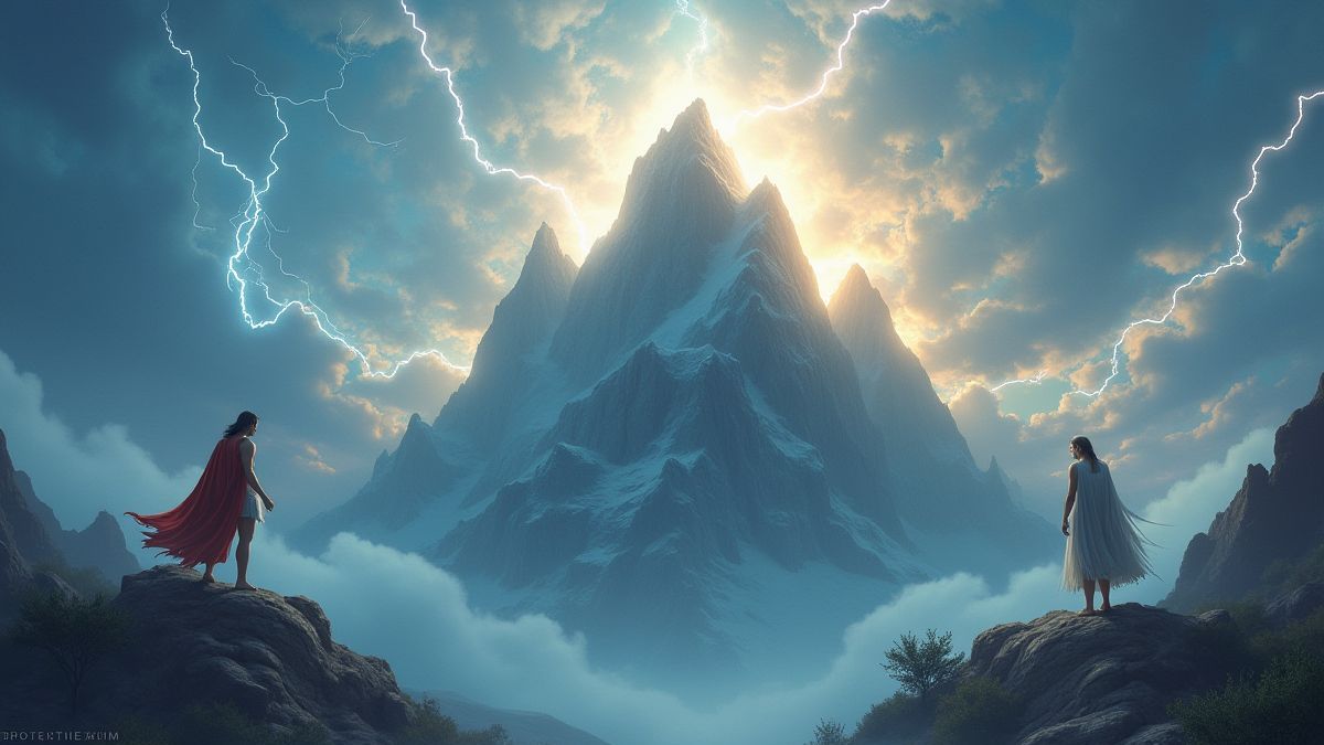 Monte Olimpo com Zeus e Hera enfrentados.