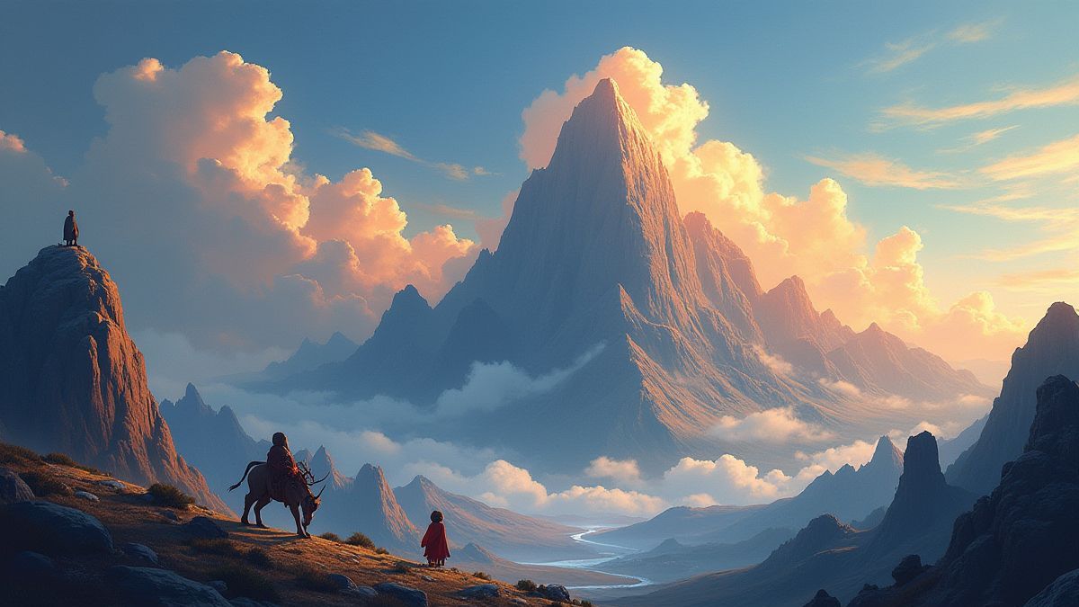 Monte Olimpo com criaturas míticas e nuvens brilhantes.