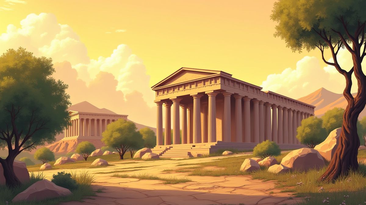 Templos griegos rodeados de olivos bajo un cielo dorado.