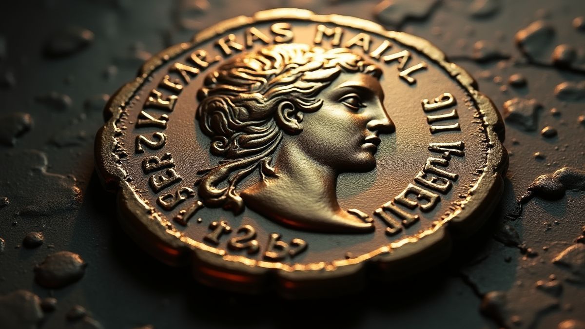 Moneda griega antigua con patrones intrincados.